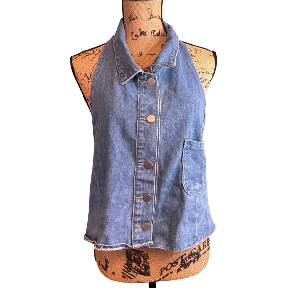 SHEIN Blue Denim Halter Vest Top Lace Up Back Plus Size 3XL